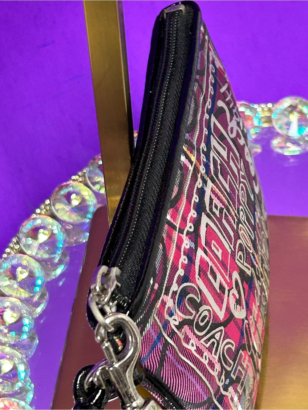 Coach Poppy Plaid Zip Wristlet - Pink, Black, White - Picture 8 of 10